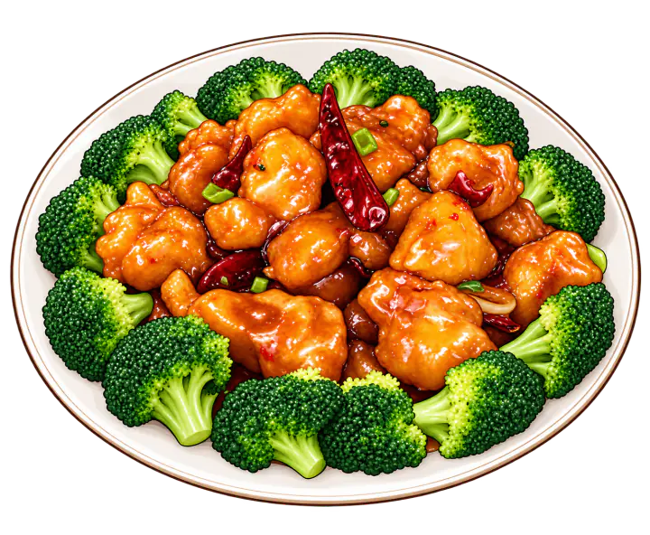 A plate of General Tso's chicken with broccoli